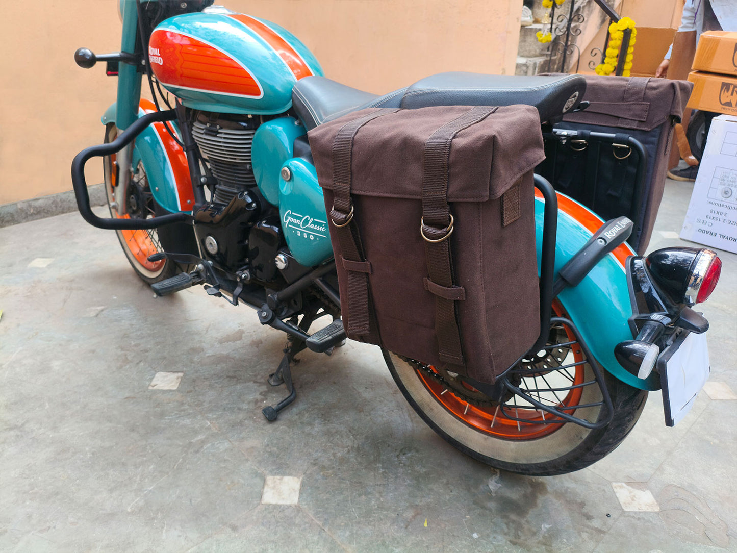 For Royal Enfield Goan Classic 350 Military Pannier Bags Coffee Brown & Mounting