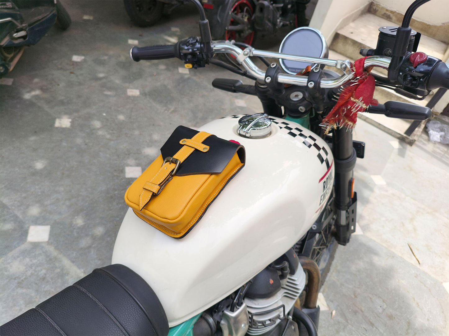 For Royal Enfield Bear 650 Leather Magnetic Tank Pouch Black & Yellow