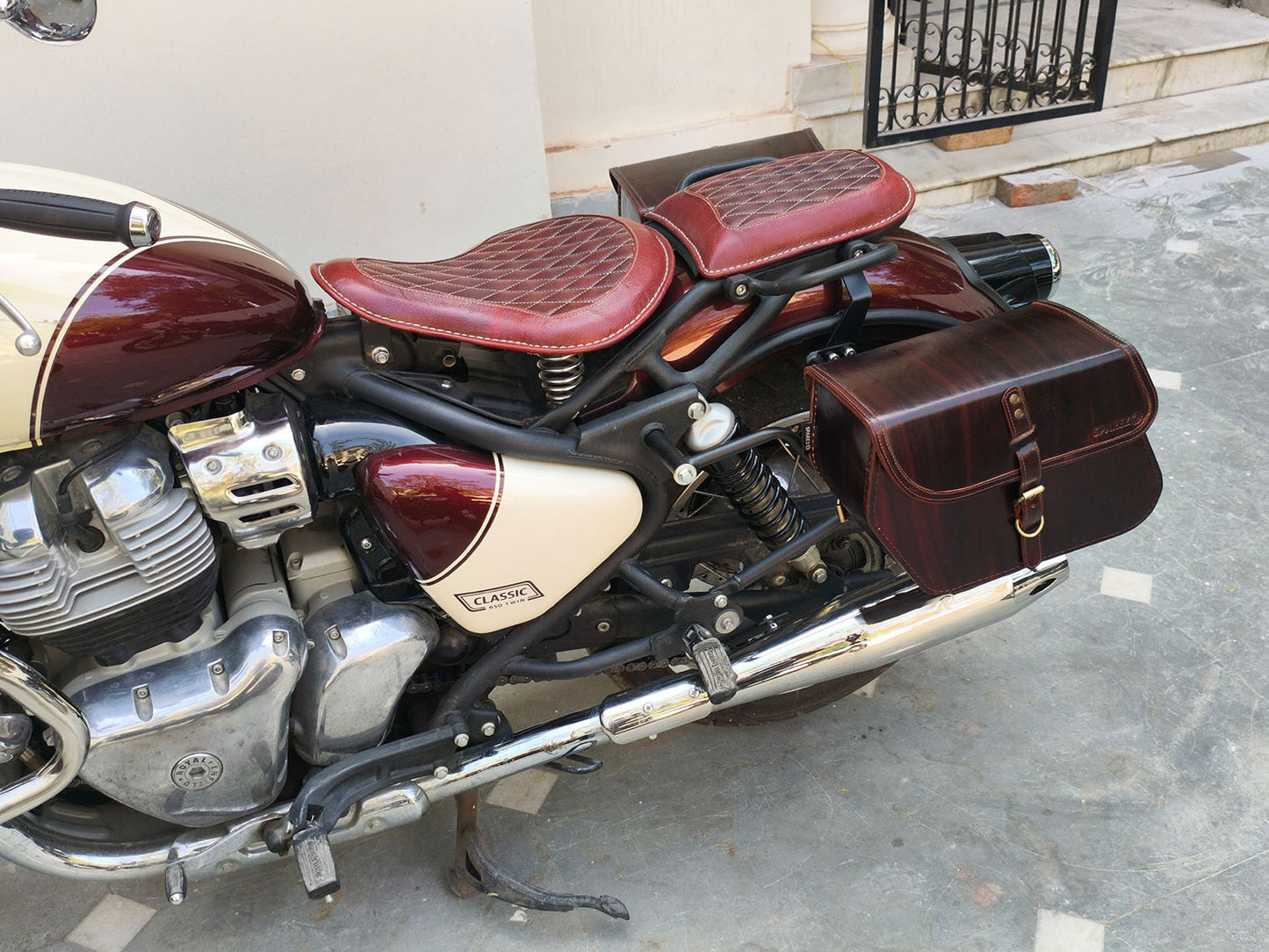 For Royal Enfield Classic 650 Front & Rear Seats And Saddle Stay With Bags Antique Brown