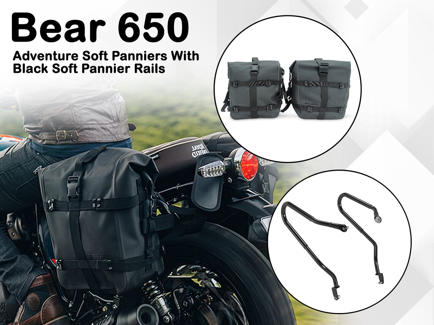 Genuine Royal Enfield Bear 650 Pannier Rails With Adventure Soft Panniers Grey