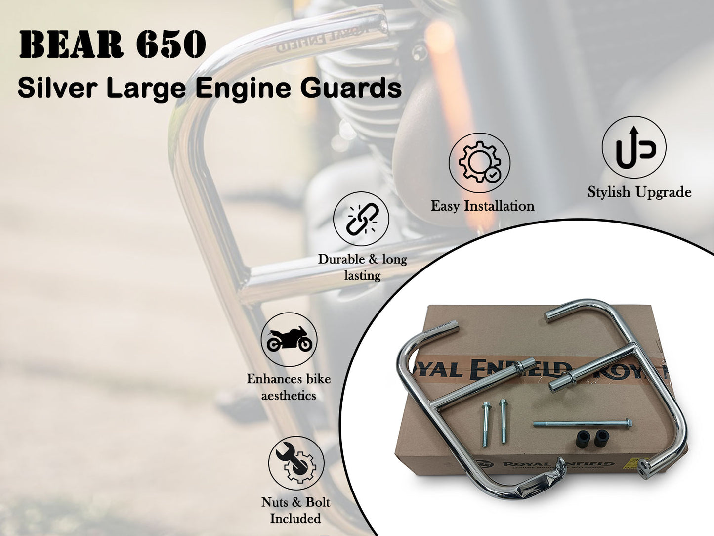 Genuine Royal Enfield Bear 650 Stainless Steel Large Engine Guard Silver 1990504