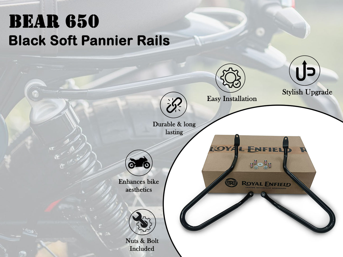 Genuine Royal Enfield Bear 650 Soft Pannier Rails, Black 1990524