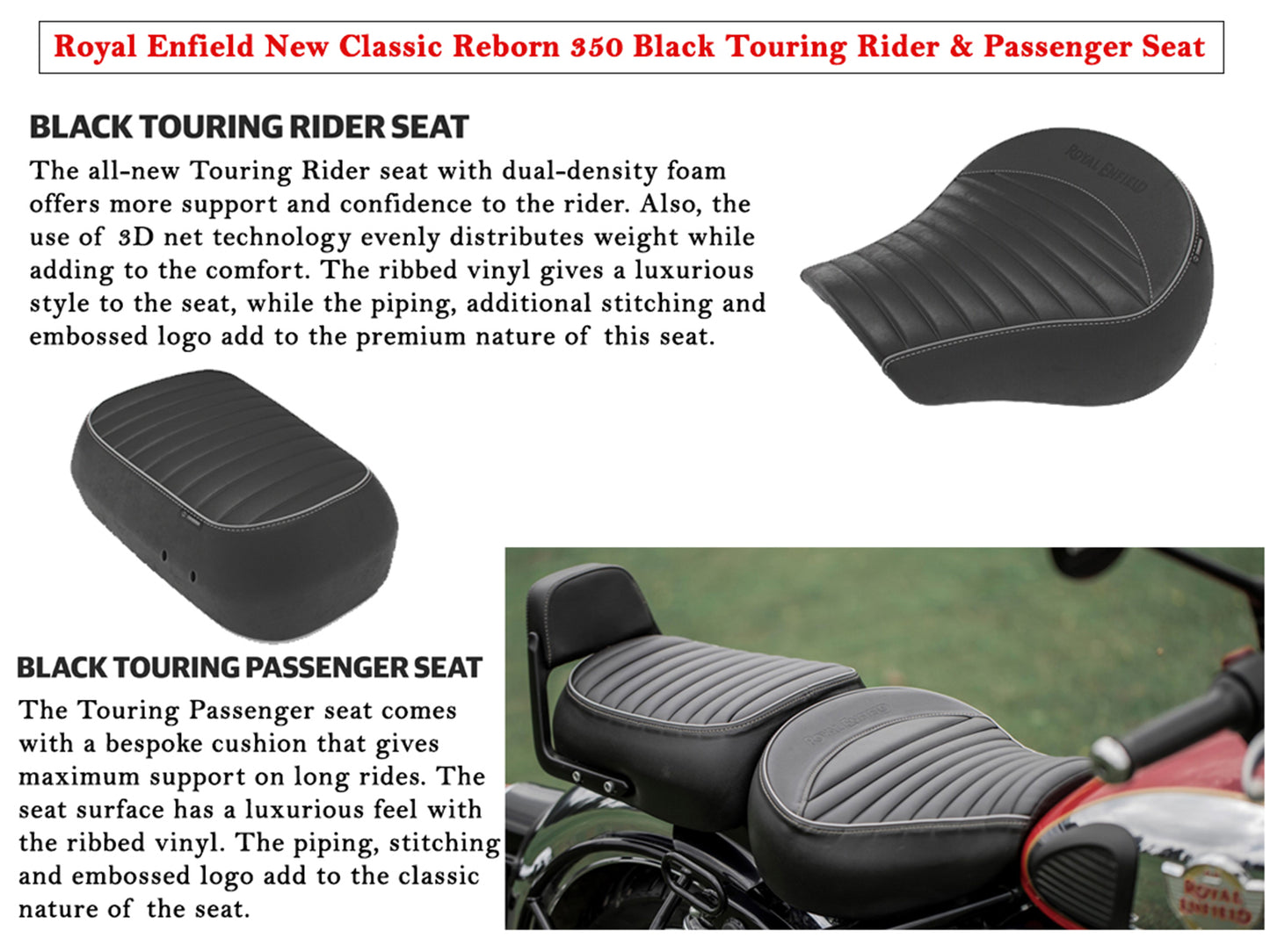 Genuine Royal Enfield Classic Reborn 350 Front & Rear Touring Rider Seat Black