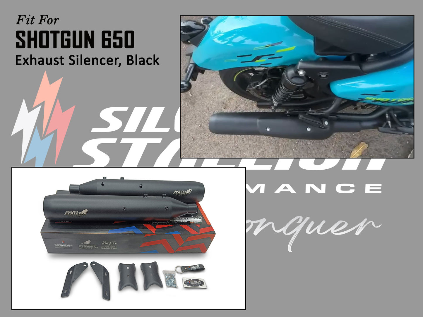 For Royal Enfield Shotgun 650 Silver Stallion Exhaust Silencer Pair, Black