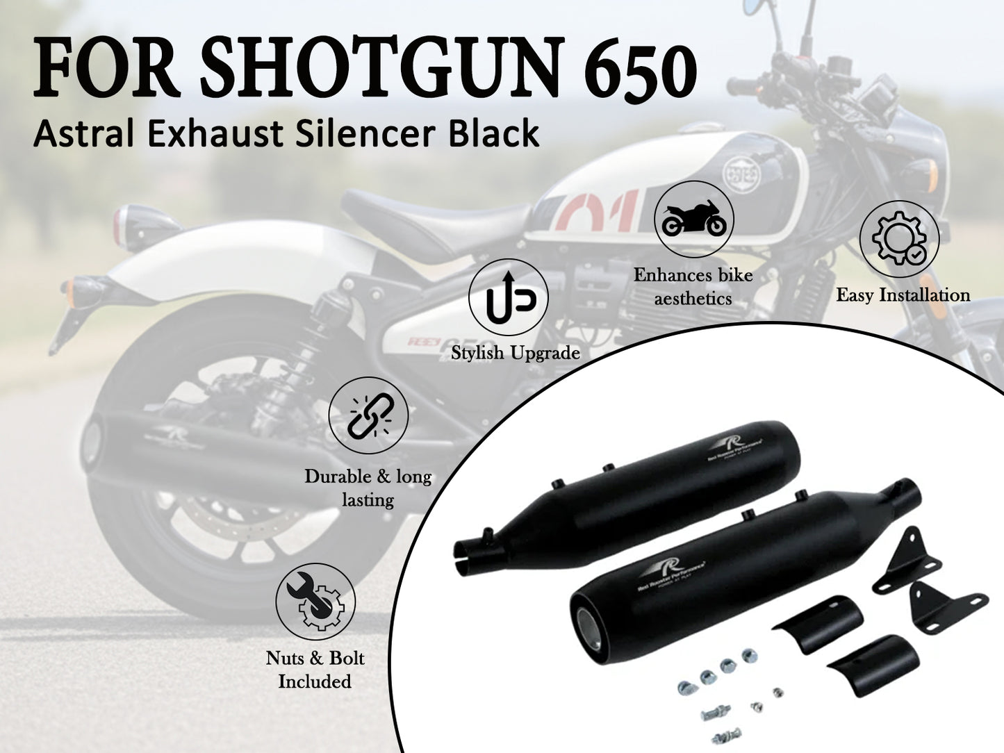 For Royal Enfield Shotgun 650 Red Rooster Astral Black Exhaust Silencer
