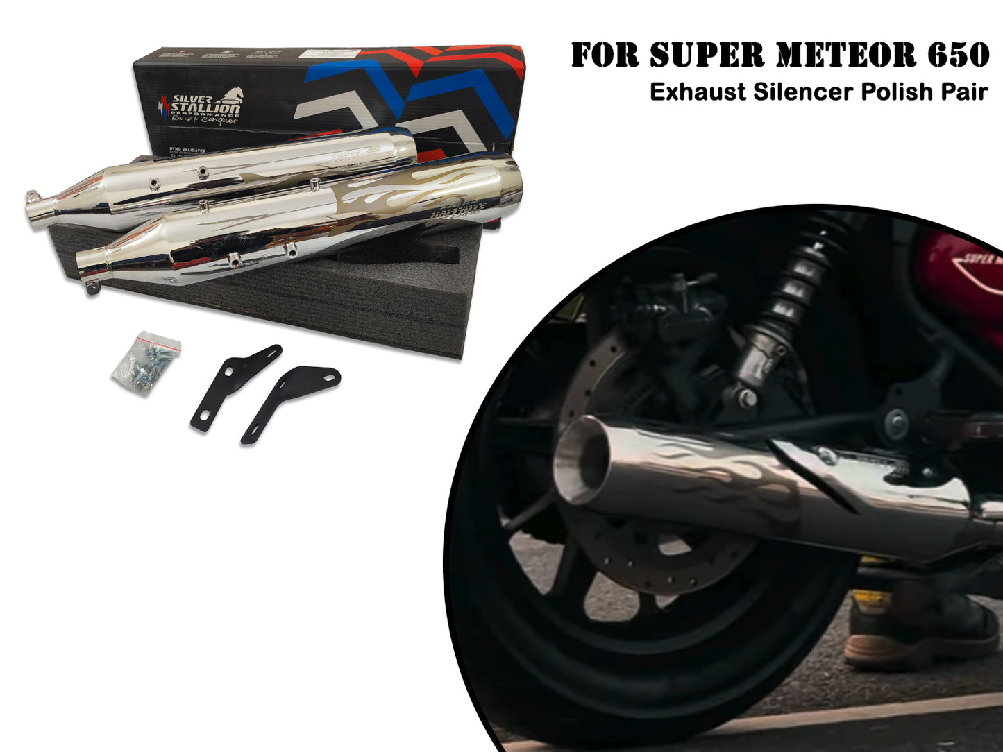 For Royal Enfield Super Meteor 650 Silver Stallion Hotrod Design Exhaust Silencer Polish