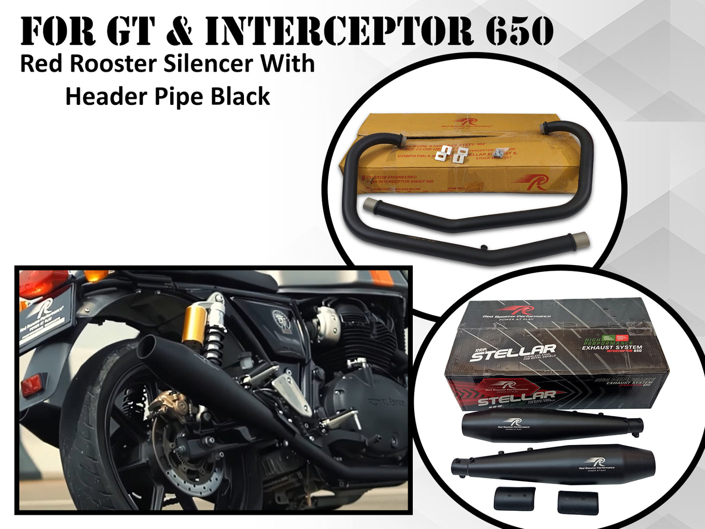For Royal Enfield GT & Interceptor 650 Red Rooster Silencer & Header Pipe Black