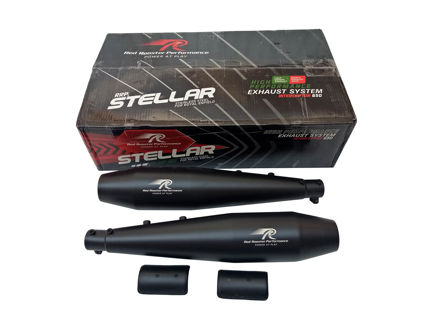 For Royal Enfield GT & Interceptor 650 Red Rooster Silencer & Header Pipe Black