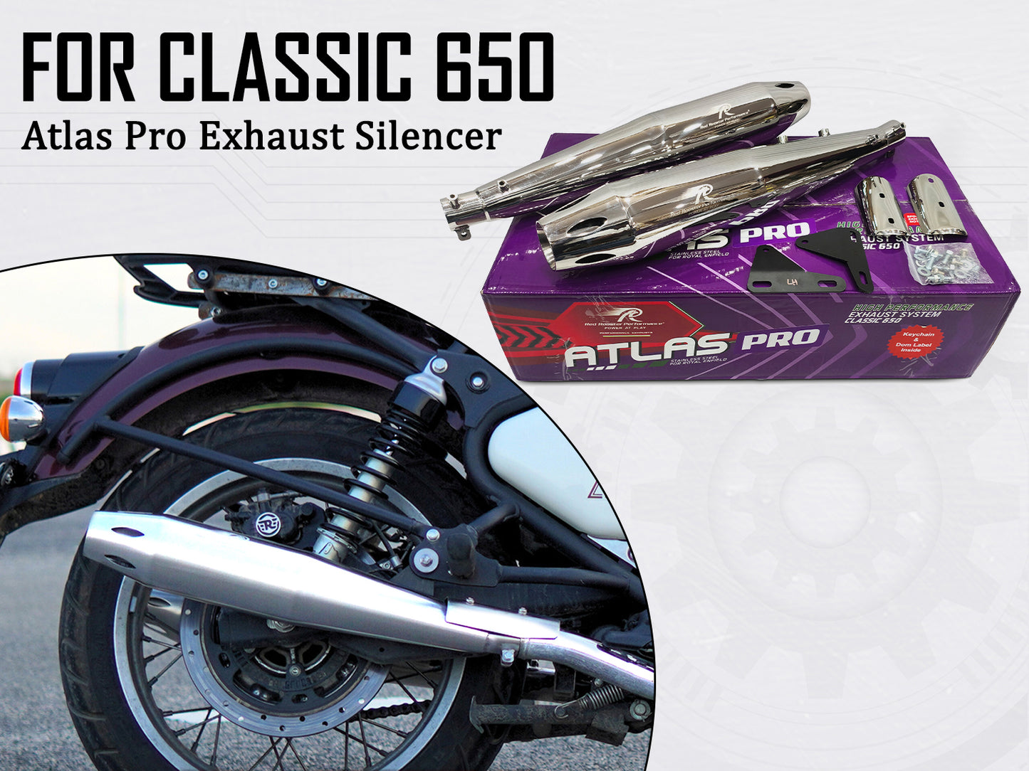For Royal Enfield Classic 650 Atlas Pro Red Rooster Exhaust Silencer Polished