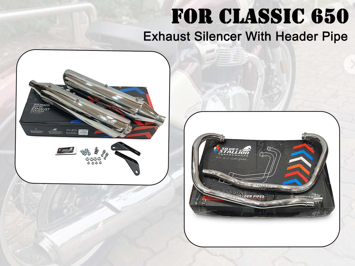 For Royal Enfield Classic 650 Silver Stallion Silencer & Header Pipe Polished