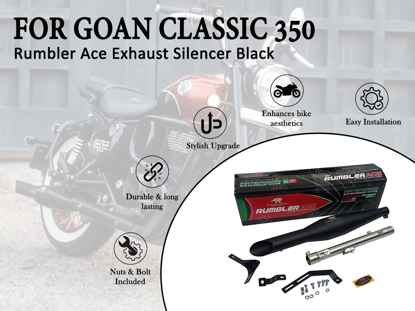 For Royal Enfield Goan Classic 350 Red Rooster Rumler ACE S S Exhaust Silencer Black