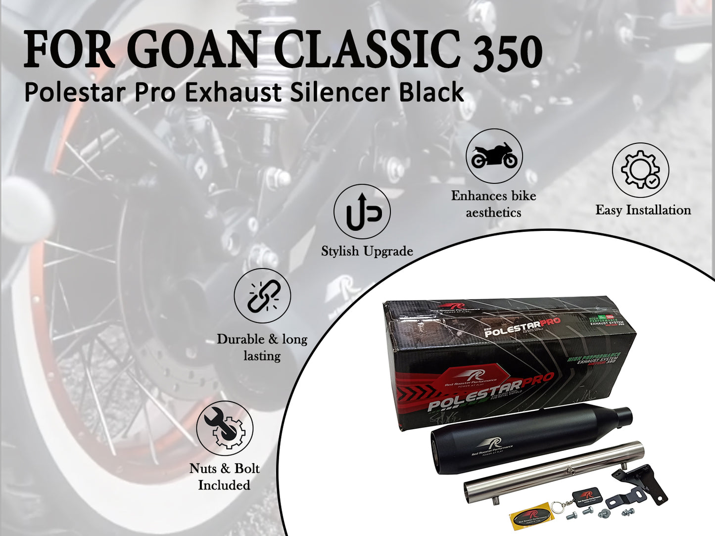 For Royal Enfield Goan Classic 350 Red Rooster Polestar Pro Exhaust Silencer & Pipe Black