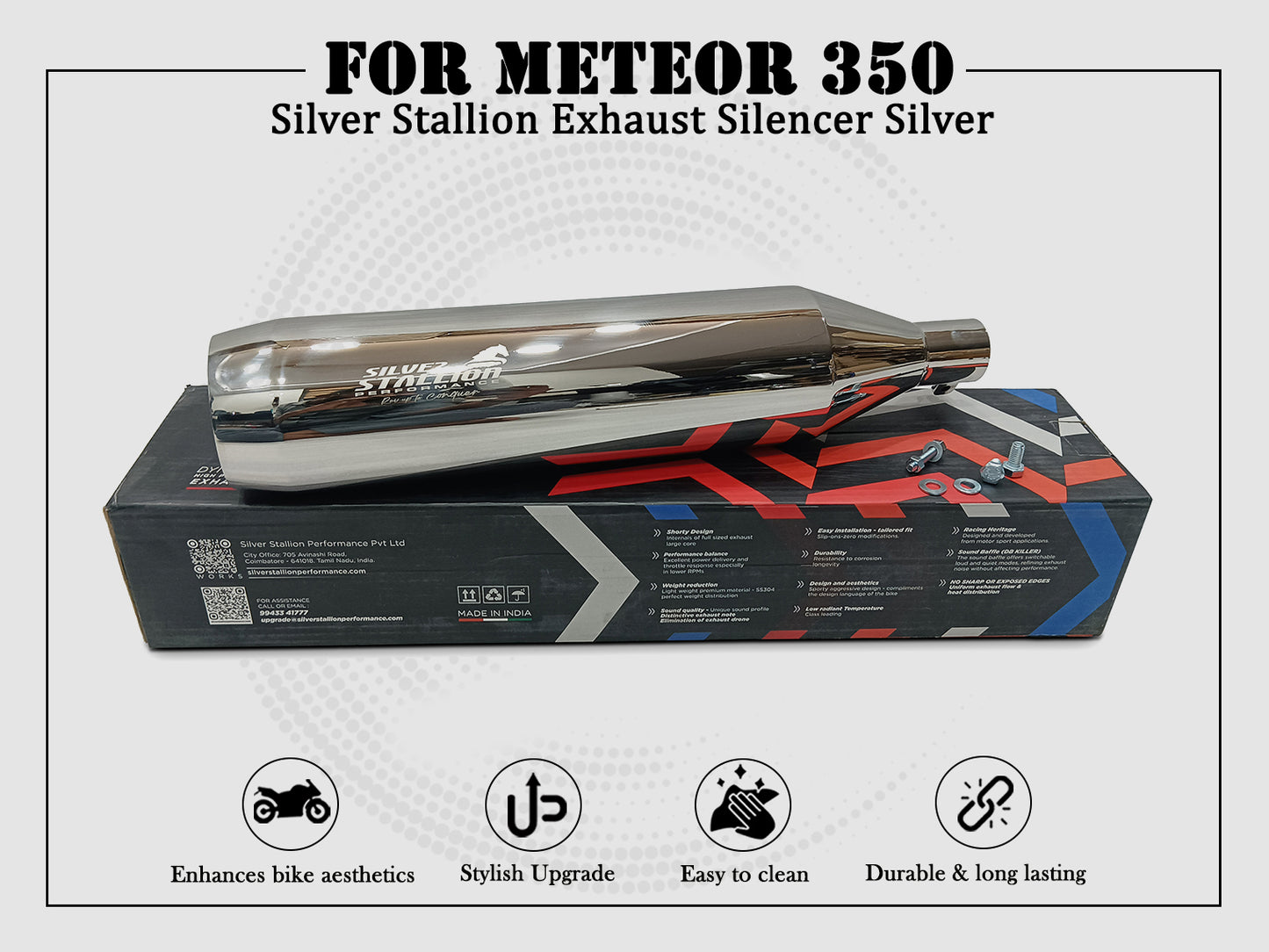 For Royal Enfield Meteor 350 Silver Stallion Exhaust Silencer, Polished