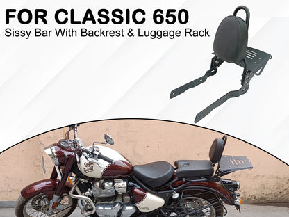 For Royal Enfield Classic 650 Sissy Bar Backrest With Luggage Rack Black