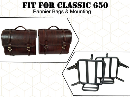 For Royal Enfield Classic 650 Genuine Leather Pannier Saddle Bags & Mounting D21