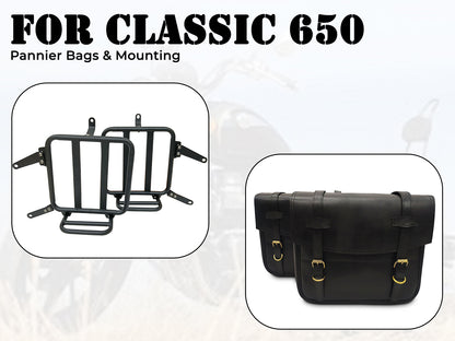For Royal Enfield Classic 650 Leather Black Color Pannier Bags & Mounting