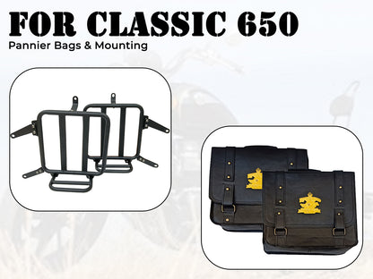 For Royal Enfield Classic 650 Leather Pannier Bags Black With Mounting