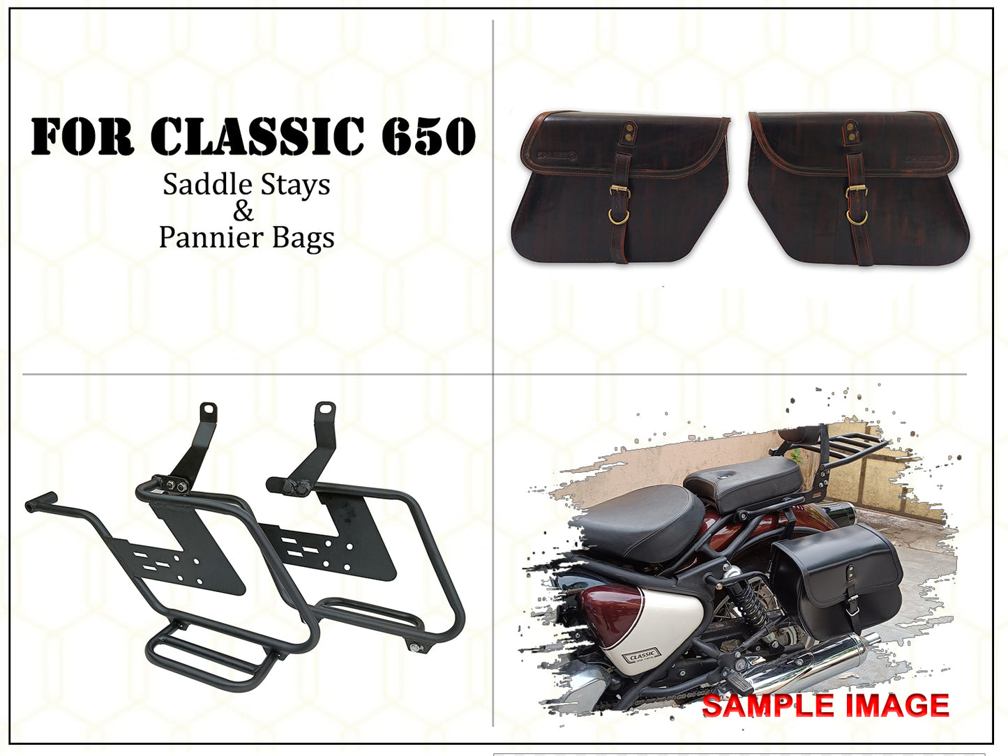 For Royal Enfield Classic 650 Pannier Bags Antique Brown Pair & Saddle Stay