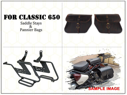For Royal Enfield Classic 650 Pannier Bags Antique Brown Pair & Saddle Stay