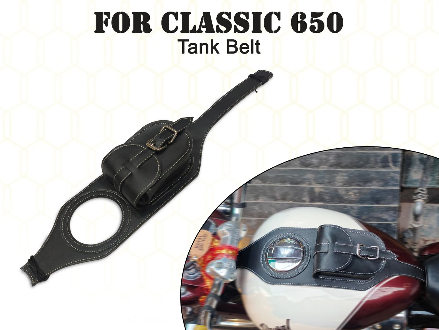 For Royal Enfield Classic 650 Fuel Tank Belt with Pouch, Black Color