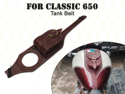 For Royal Enfield Classic 650 Fuel Tank Belt with Pouch, Cherry Brown