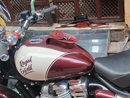 For Royal Enfield Classic 650 Fuel Tank Belt with Pouch, Cherry Brown