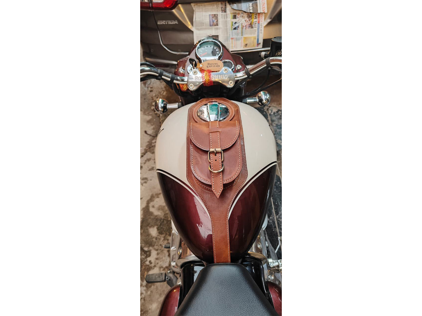 For Royal Enfield Classic 650 Fuel Tank Belt with Pouch, Brown Tan