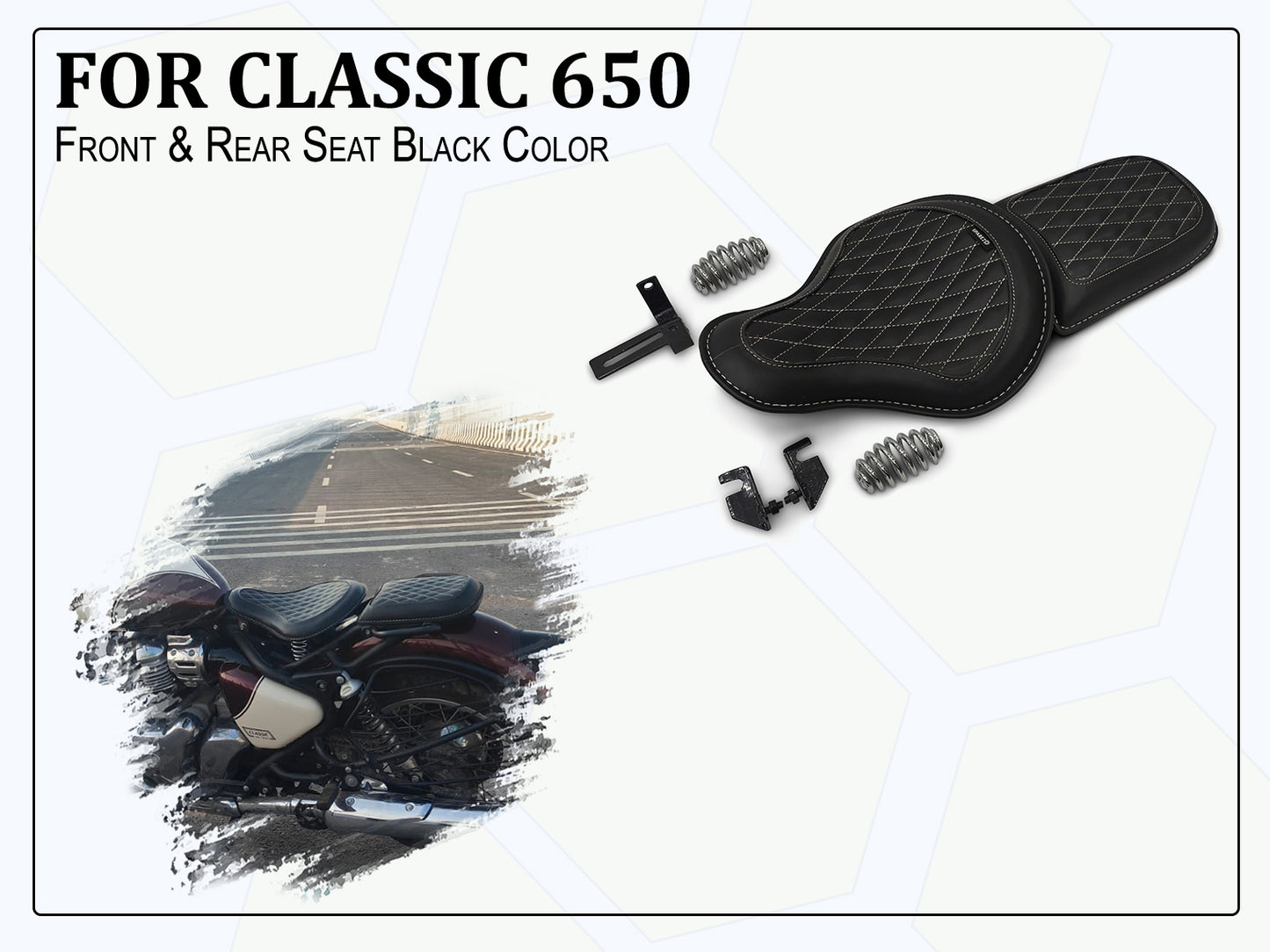 For Royal Enfield Classic 650 Genuine Leather Front & Rear Seat Black Color