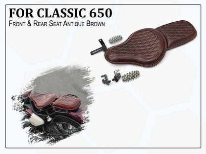 For Royal Enfield Classic 650 Genuine Leather Front & Rear Seat Antique Brown