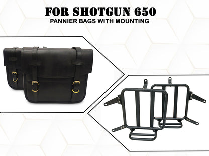 For Royal Enfield Shotgun 650 Leather Black Color Pannier Bags & Mounting