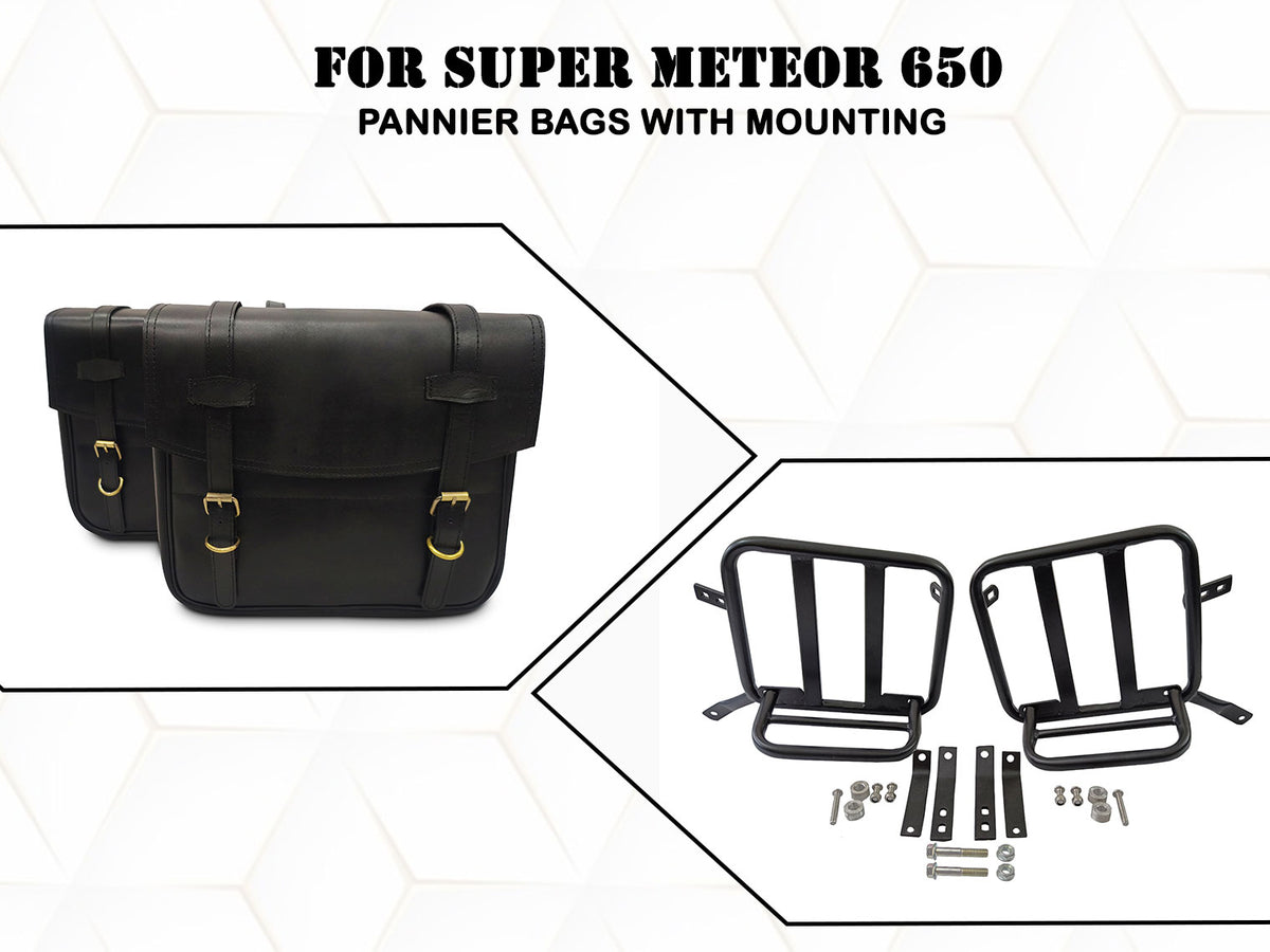For Royal Enfield Super Meteor 650 Leather Black Color Pannier Bags & Mounting