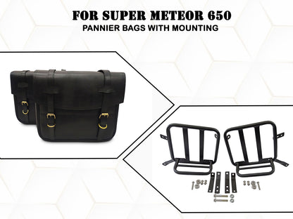 For Royal Enfield Super Meteor 650 Leather Black Color Pannier Bags & Mounting