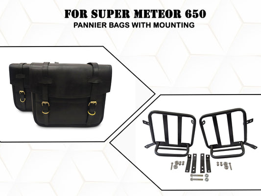 For Royal Enfield Super Meteor 650 Leather Black Color Pannier Bags & Mounting