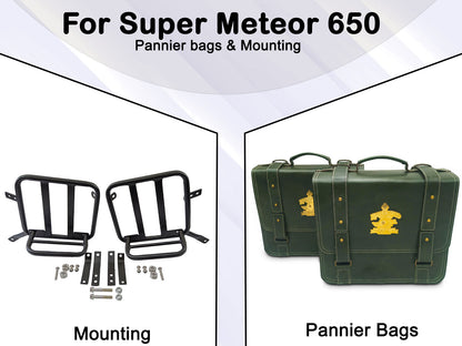 For Royal Enfield Super Meteor 650 Leather Dark Green Pannier Bags & Mounting