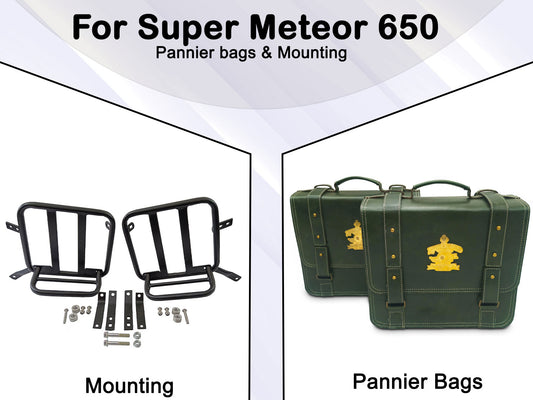 For Royal Enfield Super Meteor 650 Leather Dark Green Pannier Bags & Mounting