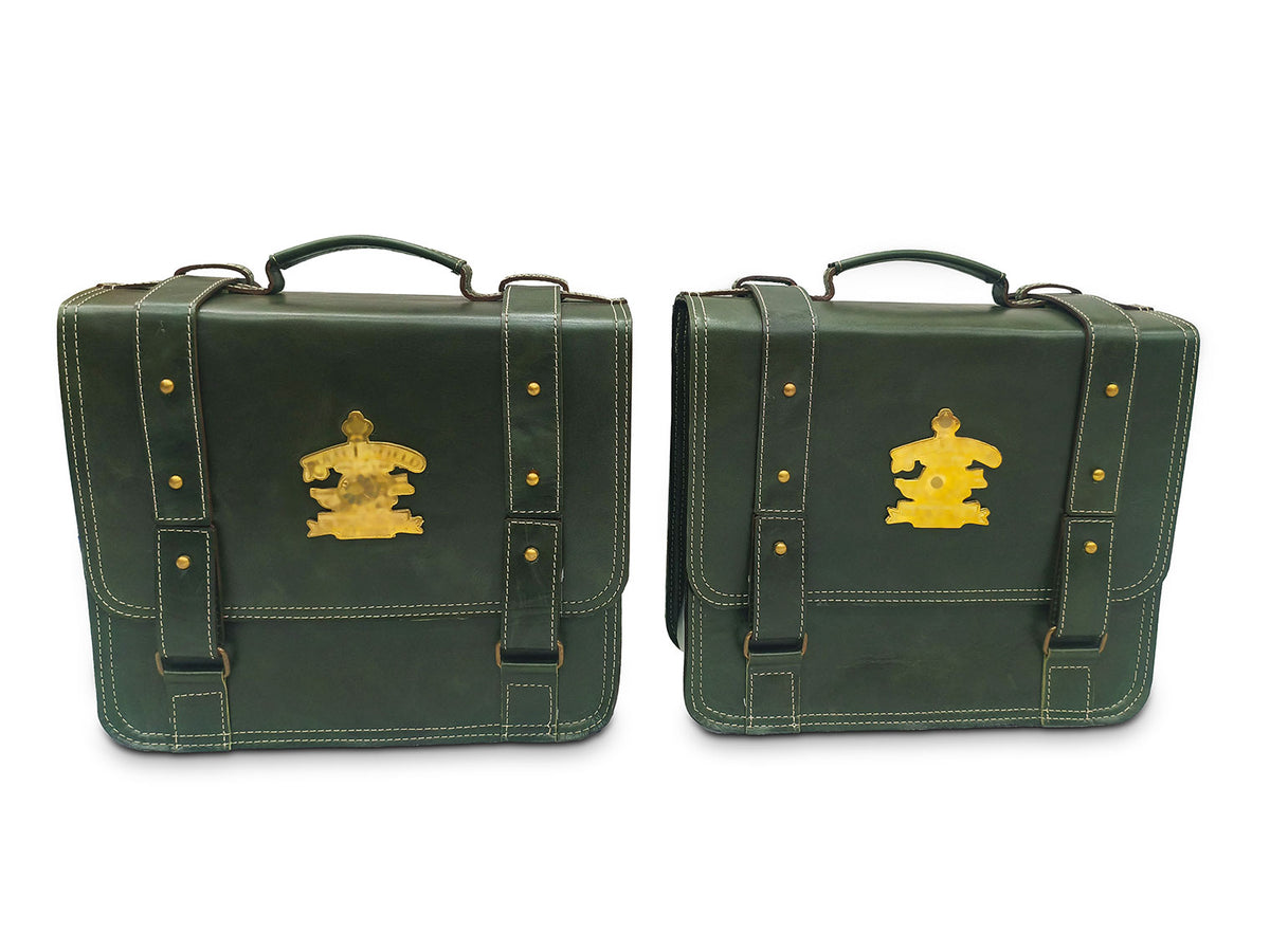 For Royal Enfield Super Meteor 650 Leather Dark Green Pannier Bags & Mounting