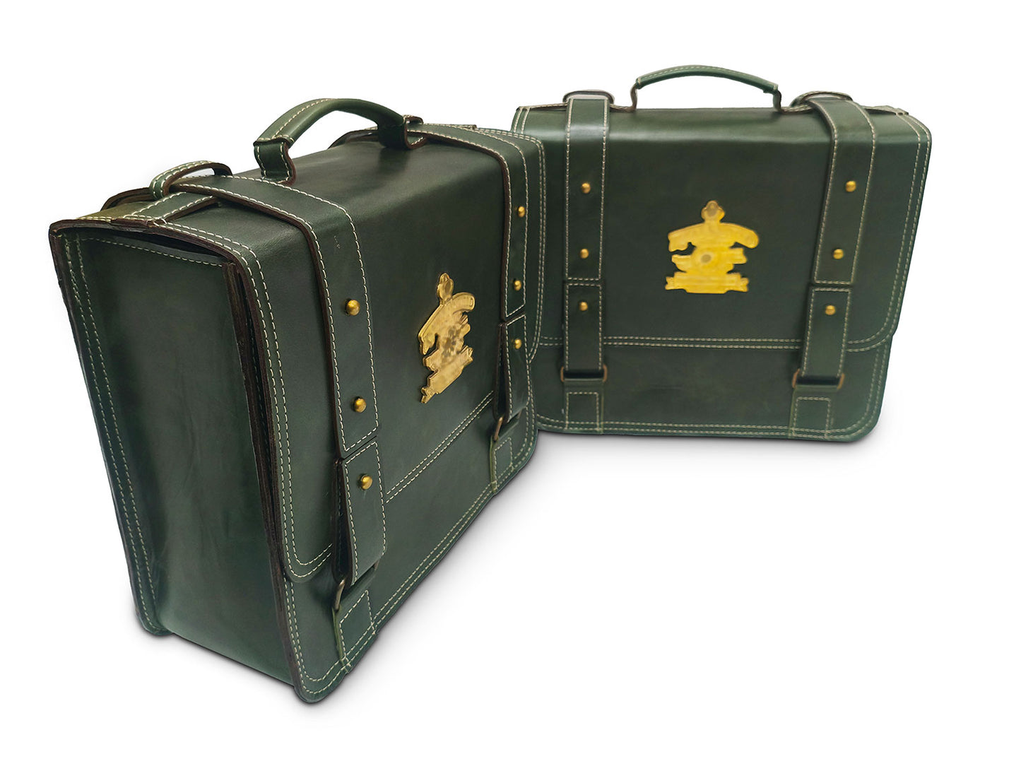 For Royal Enfield Super Meteor 650 Leather Dark Green Pannier Bags & Mounting