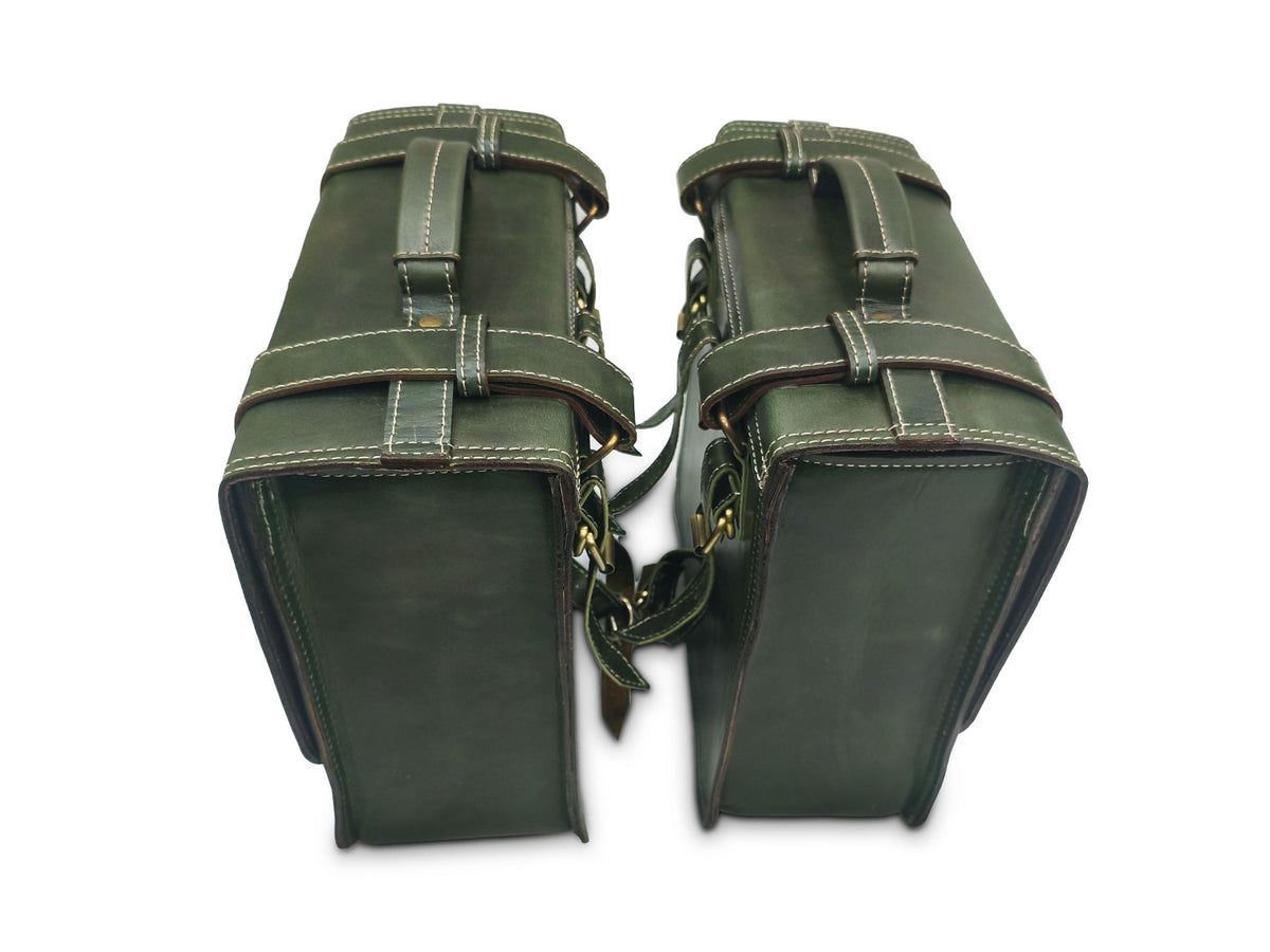 For Royal Enfield Super Meteor 650 Leather Dark Green Pannier Bags & Mounting