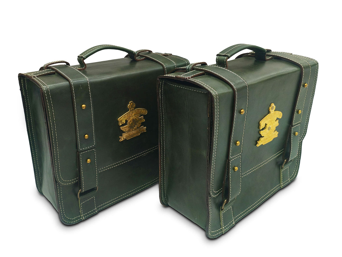 For Royal Enfield Super Meteor 650 Leather Dark Green Pannier Bags & Mounting
