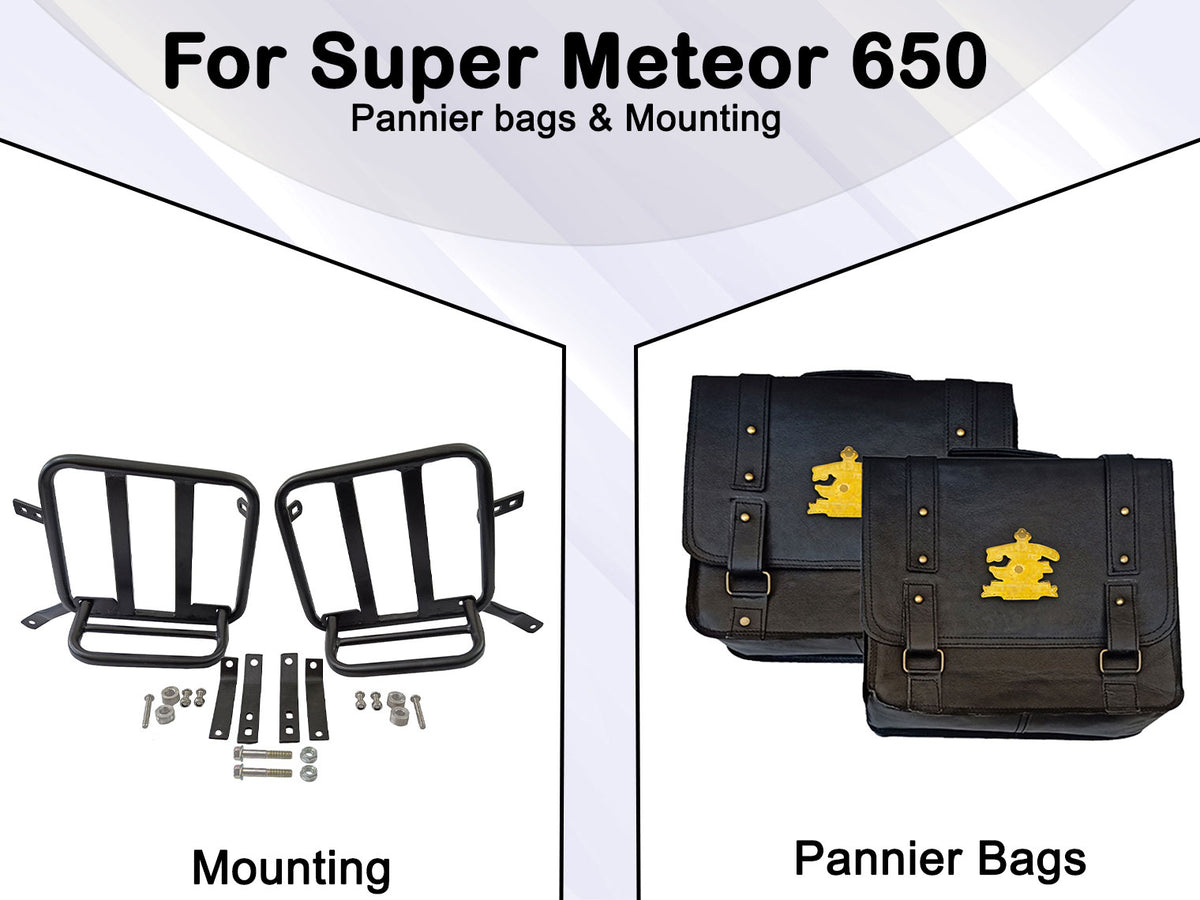 For Royal Enfield Super Meteor 650 Leather Pannier Bags Black With Mounting