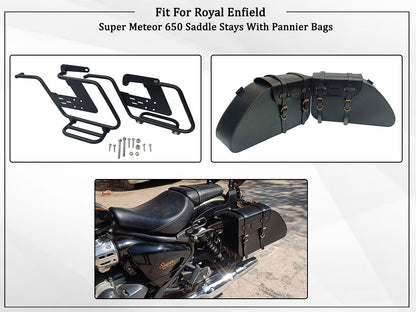 For Royal Enfield Super Meteor 650 Leather Pannier Bags with Saddle Stays