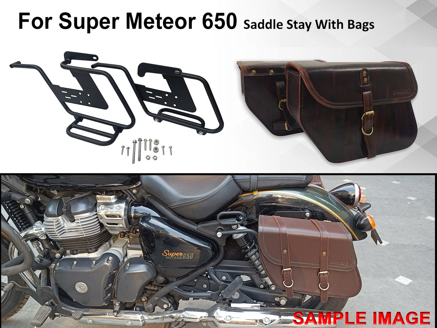 For Royal Enfield Super Meteor 650 Pannier Bags Antique Brown Pair & Saddle Stay