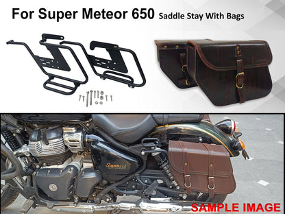 For Royal Enfield Super Meteor 650 Pannier Bags Antique Brown Pair & Saddle Stay