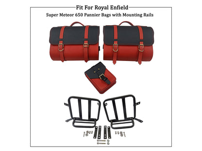 For Royal Enfield Super Meteor 650 Red & Black Leather Pannier Bags & Mounting
