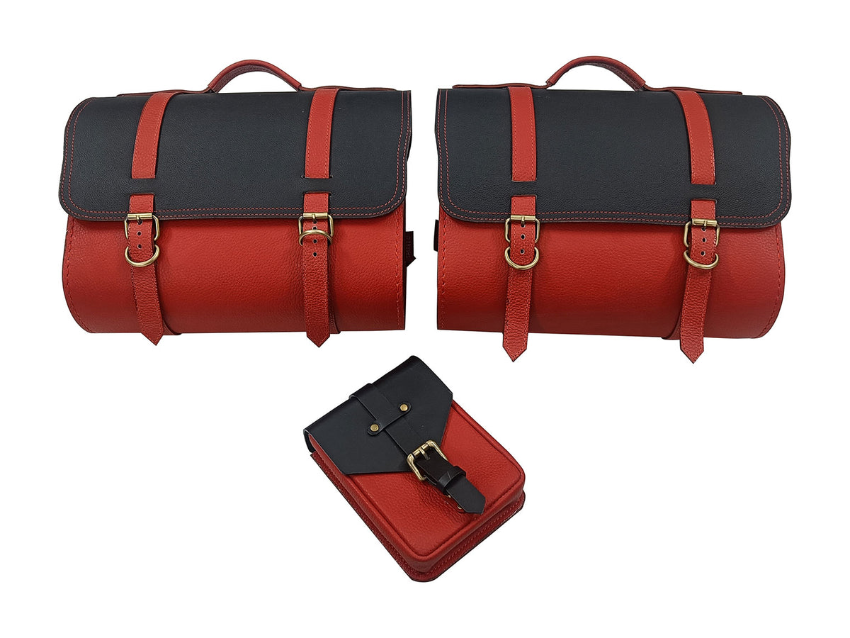 For Royal Enfield Super Meteor 650 Red & Black Leather Pannier Bags & Mounting