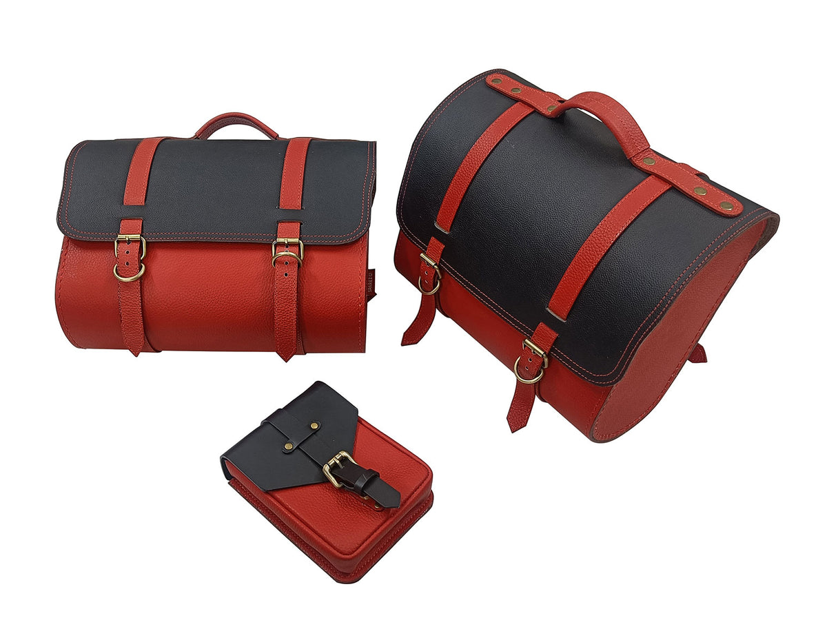 For Royal Enfield Super Meteor 650 Red & Black Leather Pannier Bags & Mounting