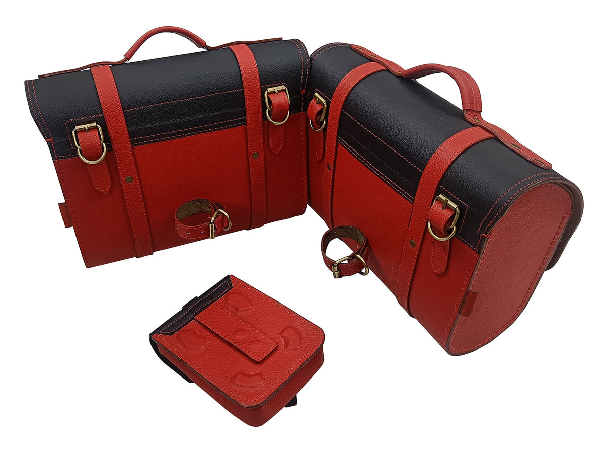 For Royal Enfield Super Meteor 650 Red & Black Leather Pannier Bags & Mounting