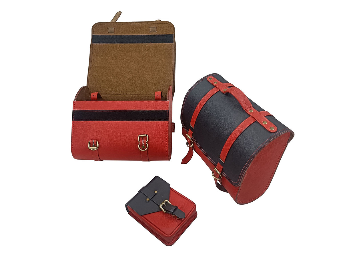 For Royal Enfield Super Meteor 650 Red & Black Leather Pannier Bags & Mounting