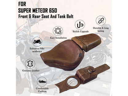 For Royal Enfield Super Meteor 650 Front & Rear Seat with Tank Belt Brown