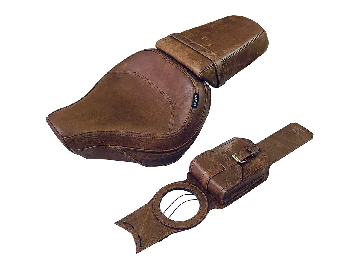 For Royal Enfield Super Meteor 650 Front & Rear Seat with Tank Belt Brown